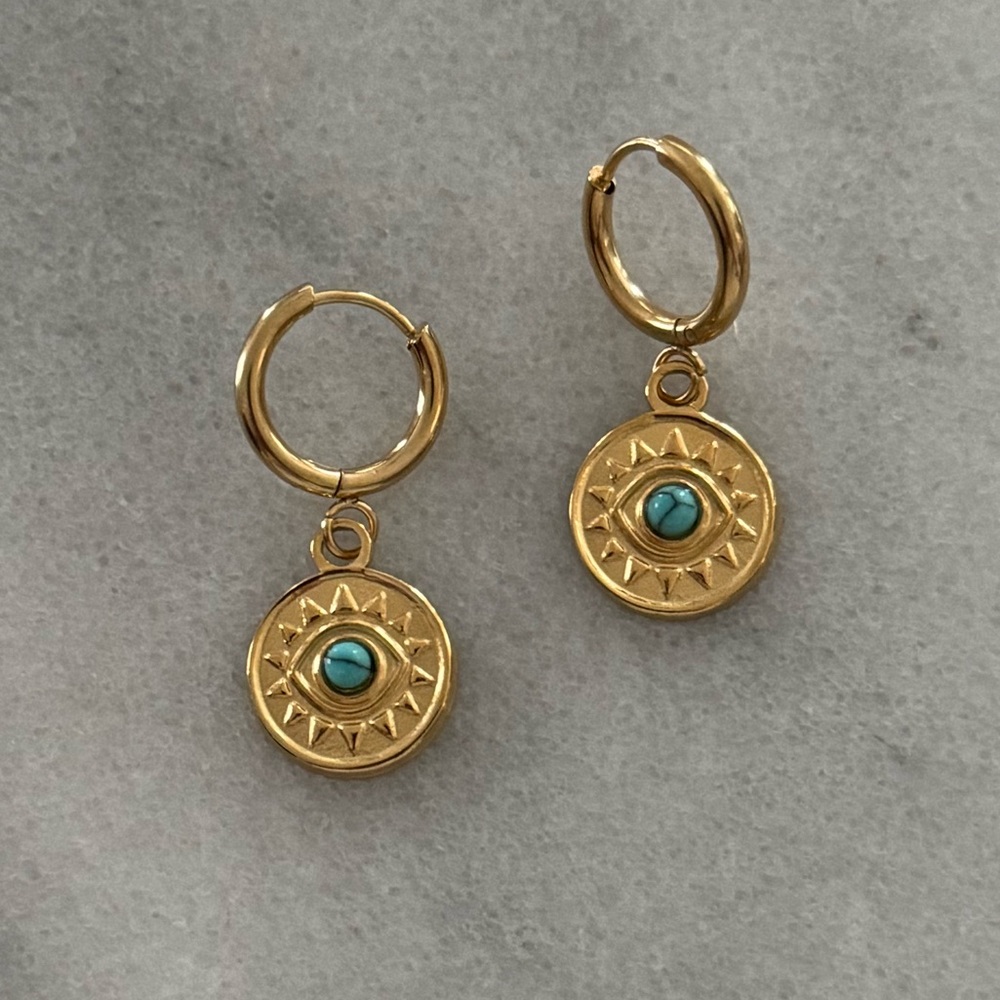 Gold Medallion Coin Evil Eye Pendant Turquoise Huggie Hoop Earrings Brand New - Picture 4 of 4